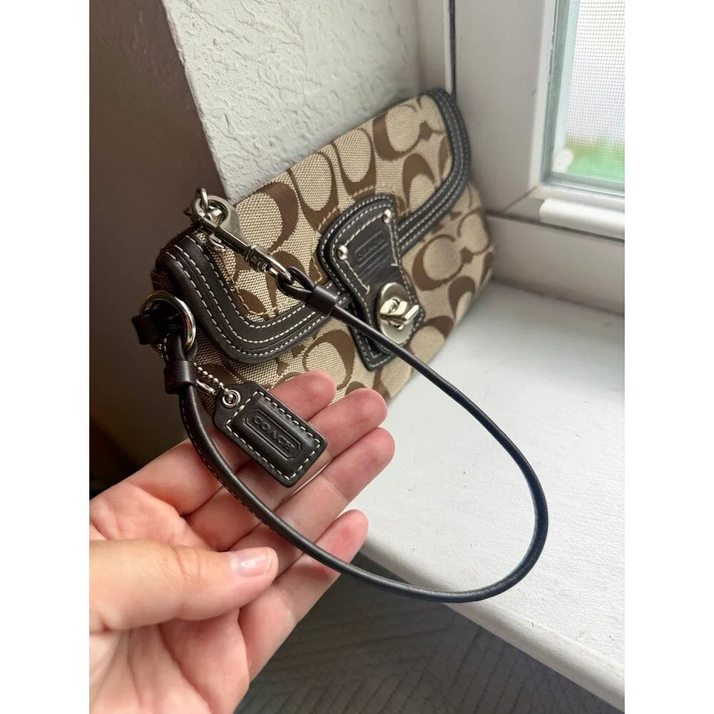 Coach Vintage Signature Canvas Turnlock Wristlet with Leather Trim in Brown EUC